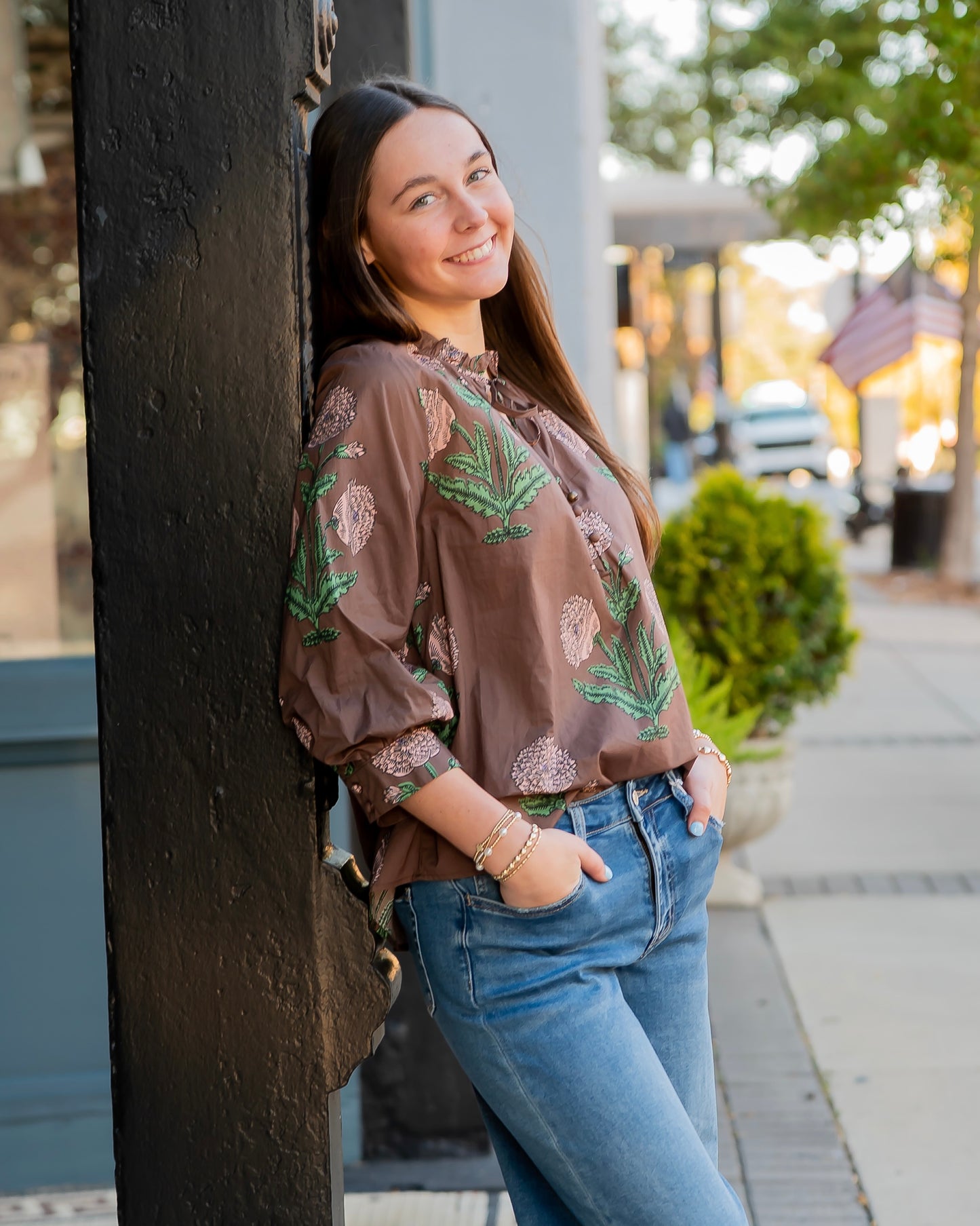 Tennille Floral Tie Neck Top-Brown