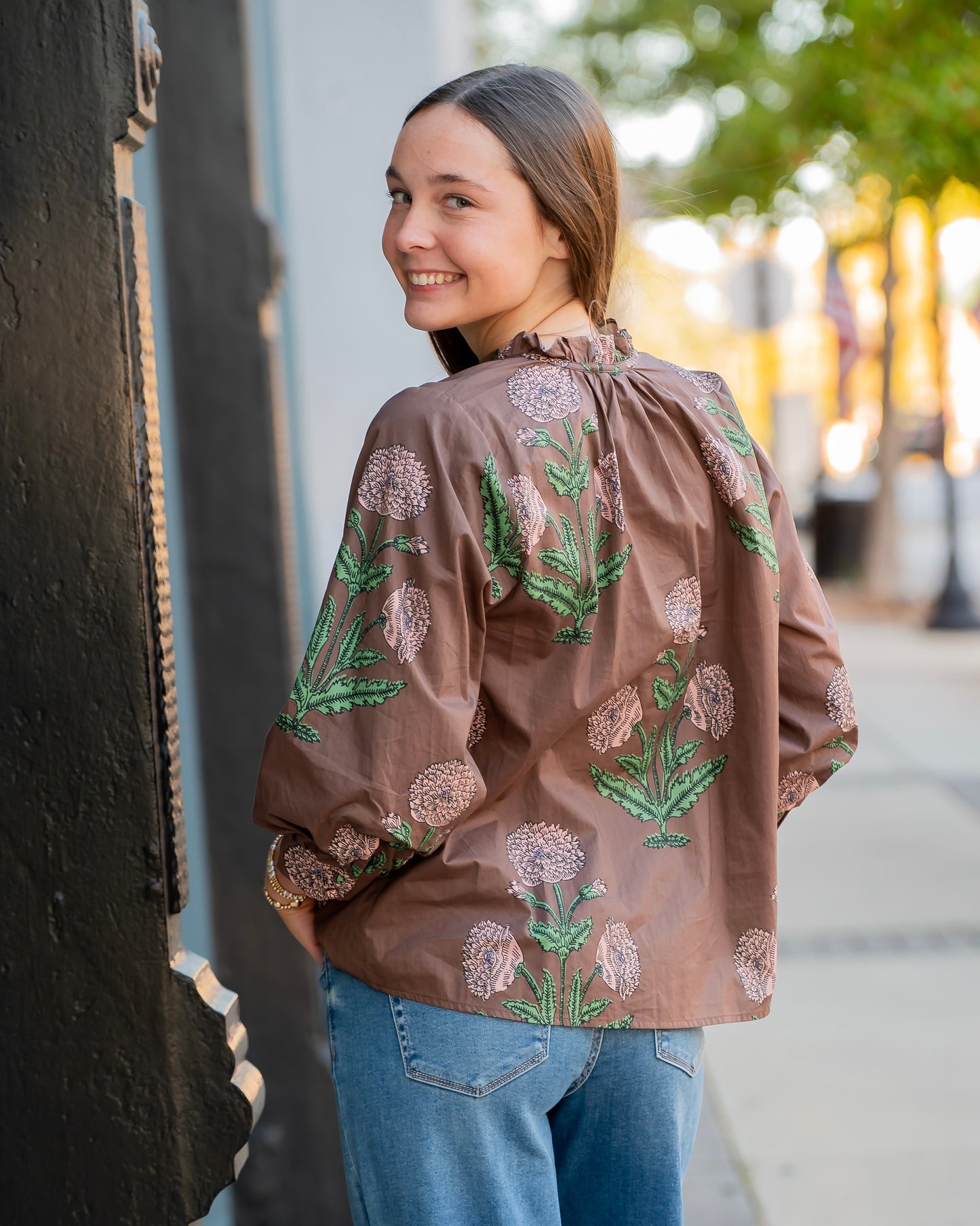Tennille Floral Tie Neck Top-Brown