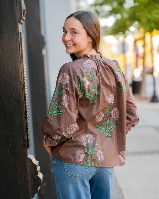Tennille Floral Tie Neck Top-Brown