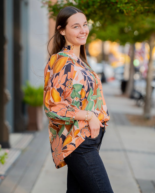 Carly Green Abstract Floral Print Top