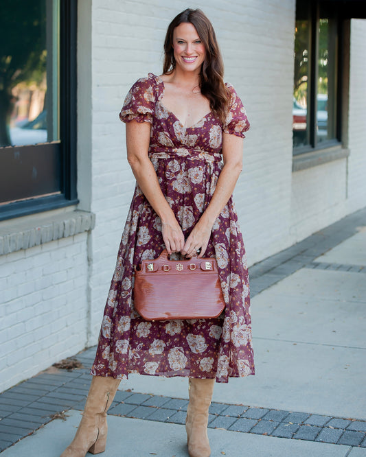 Fall Vibes Burgundy Floral Print Midi Dress