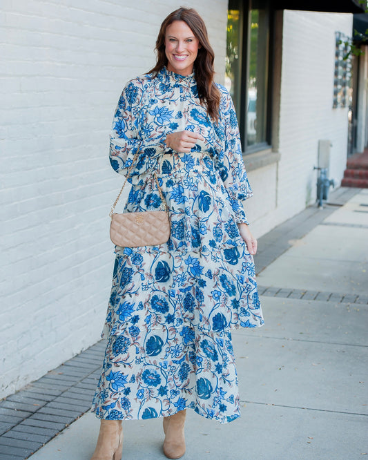 Brasher Blue Floral Print Maxi Dress