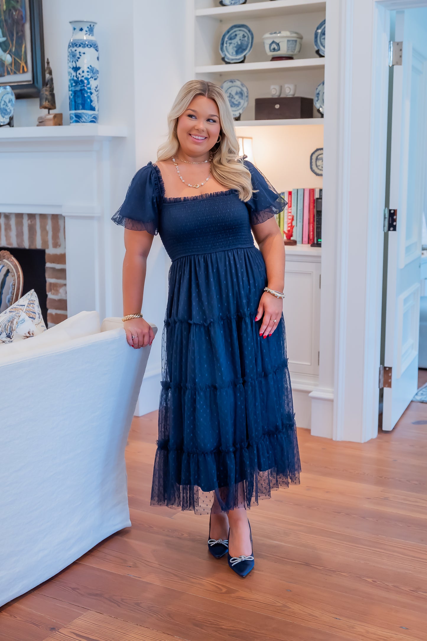 Reese Dotted Midi Dress- Navy