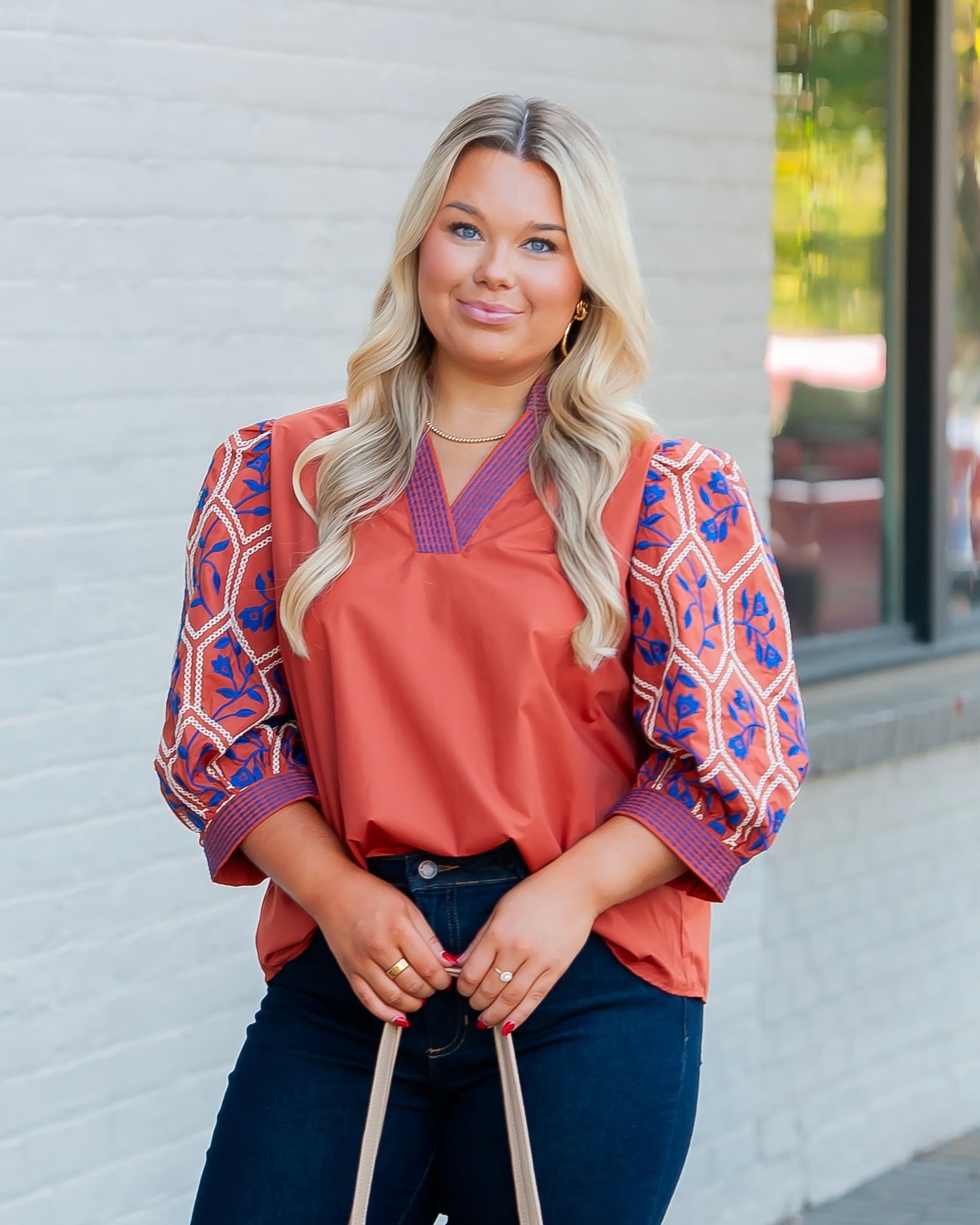 Ramsay Embroidered Sleeve Top- Rust