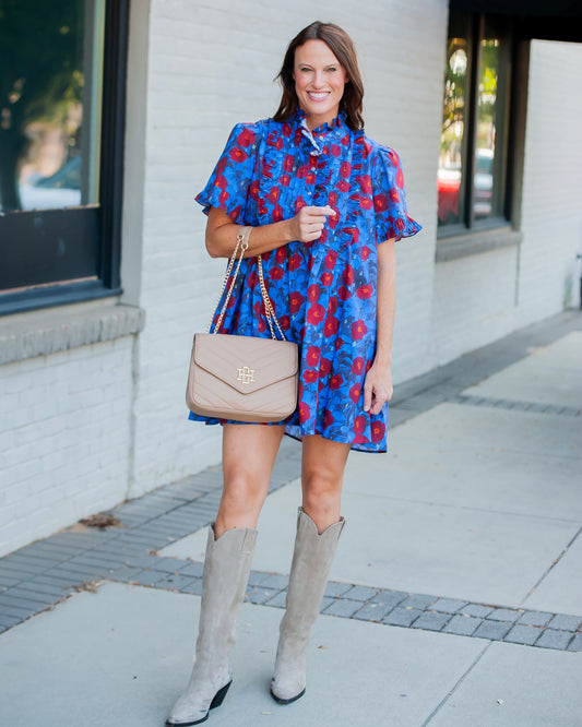 McCall Floral Pintuck Dress- Blue
