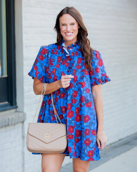 McCall Floral Pintuck Dress- Blue