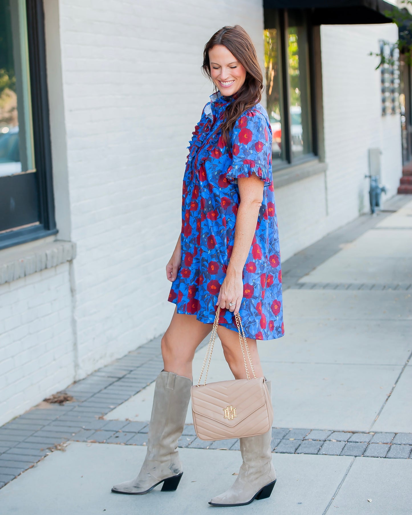 McCall Floral Pintuck Dress- Blue