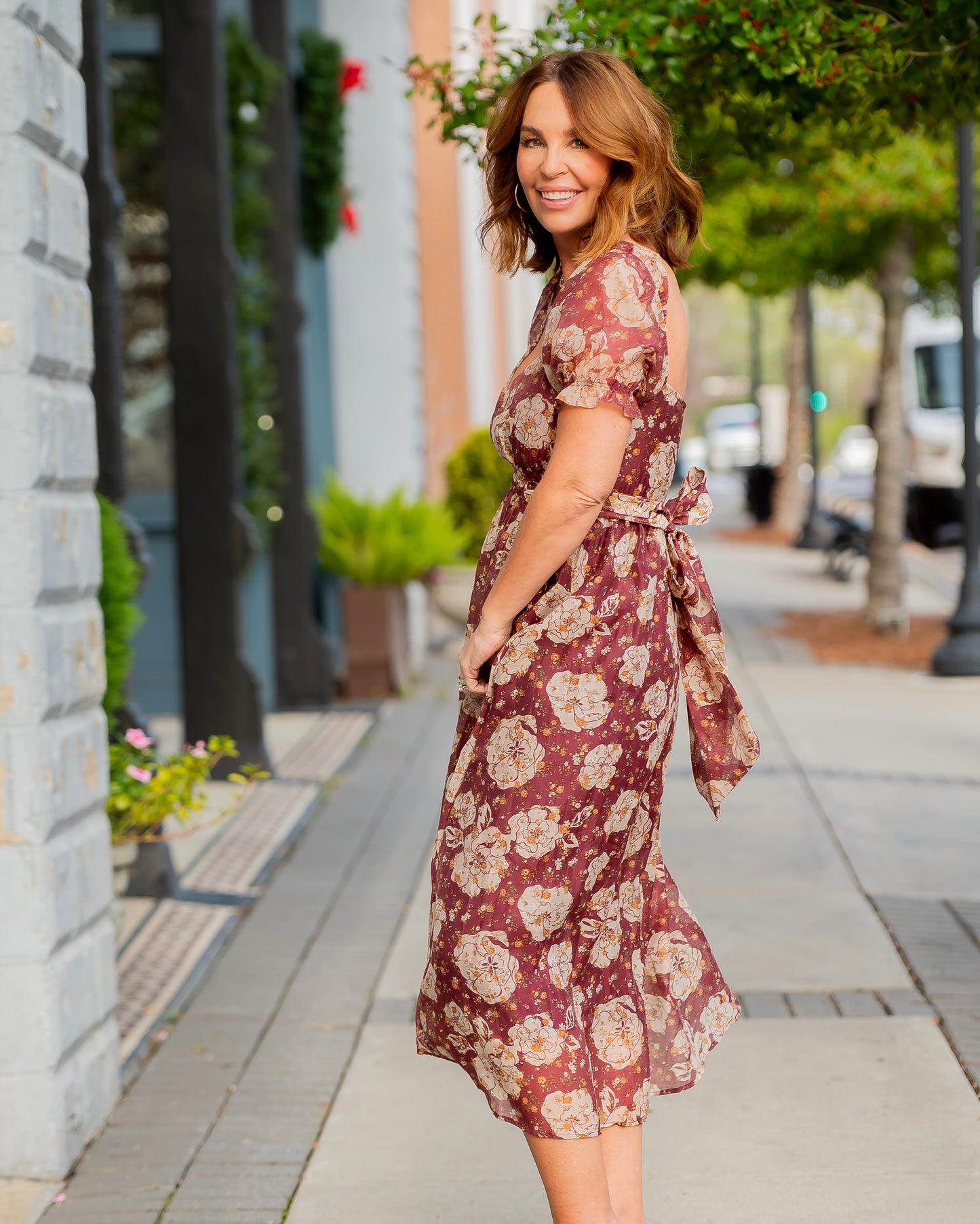 Fall Vibes Burgundy Floral Print Midi Dress