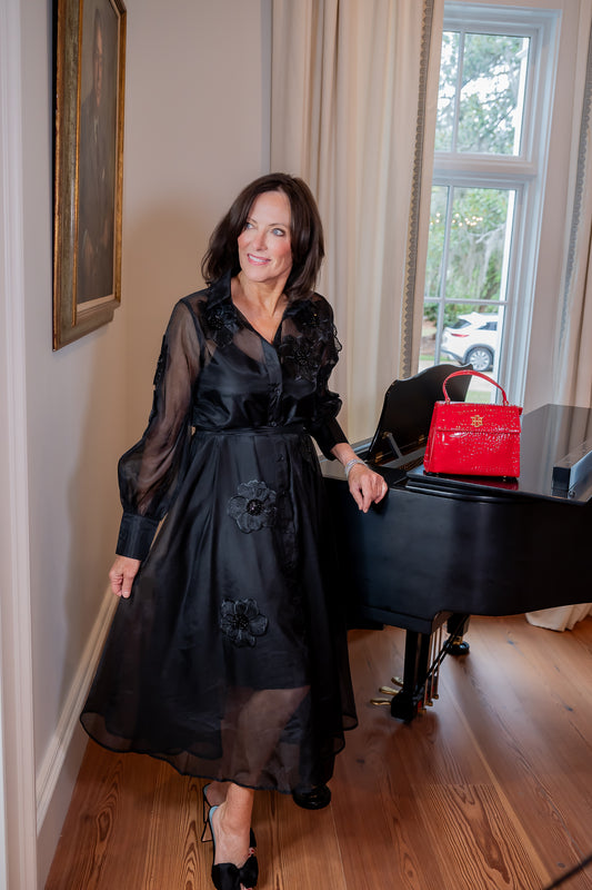 Langston Floral Applique Black Dress