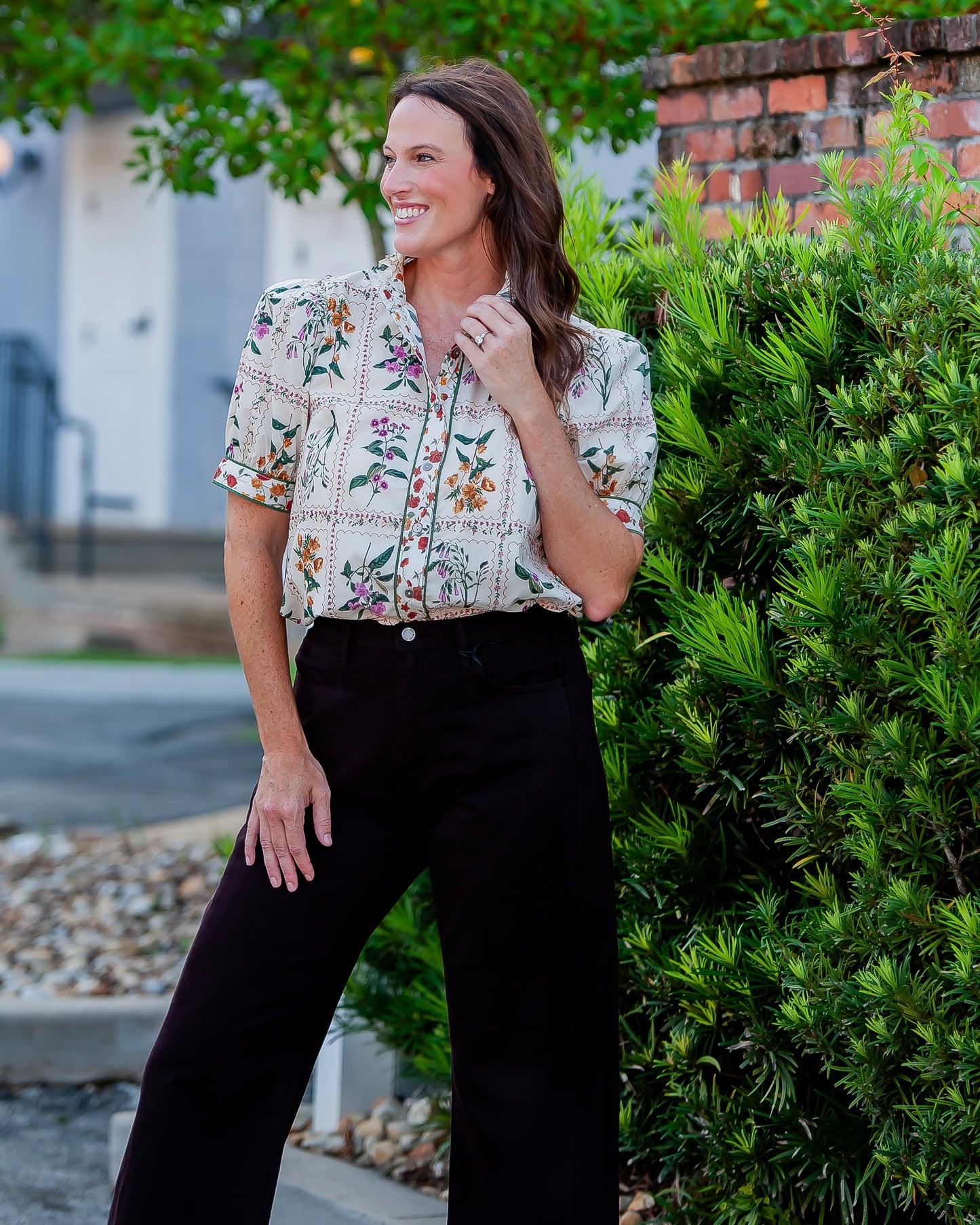 Melody Ecru Floral Print Button Front Top