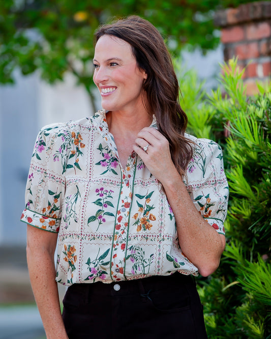 Melody Ecru Floral Print Button Front Top