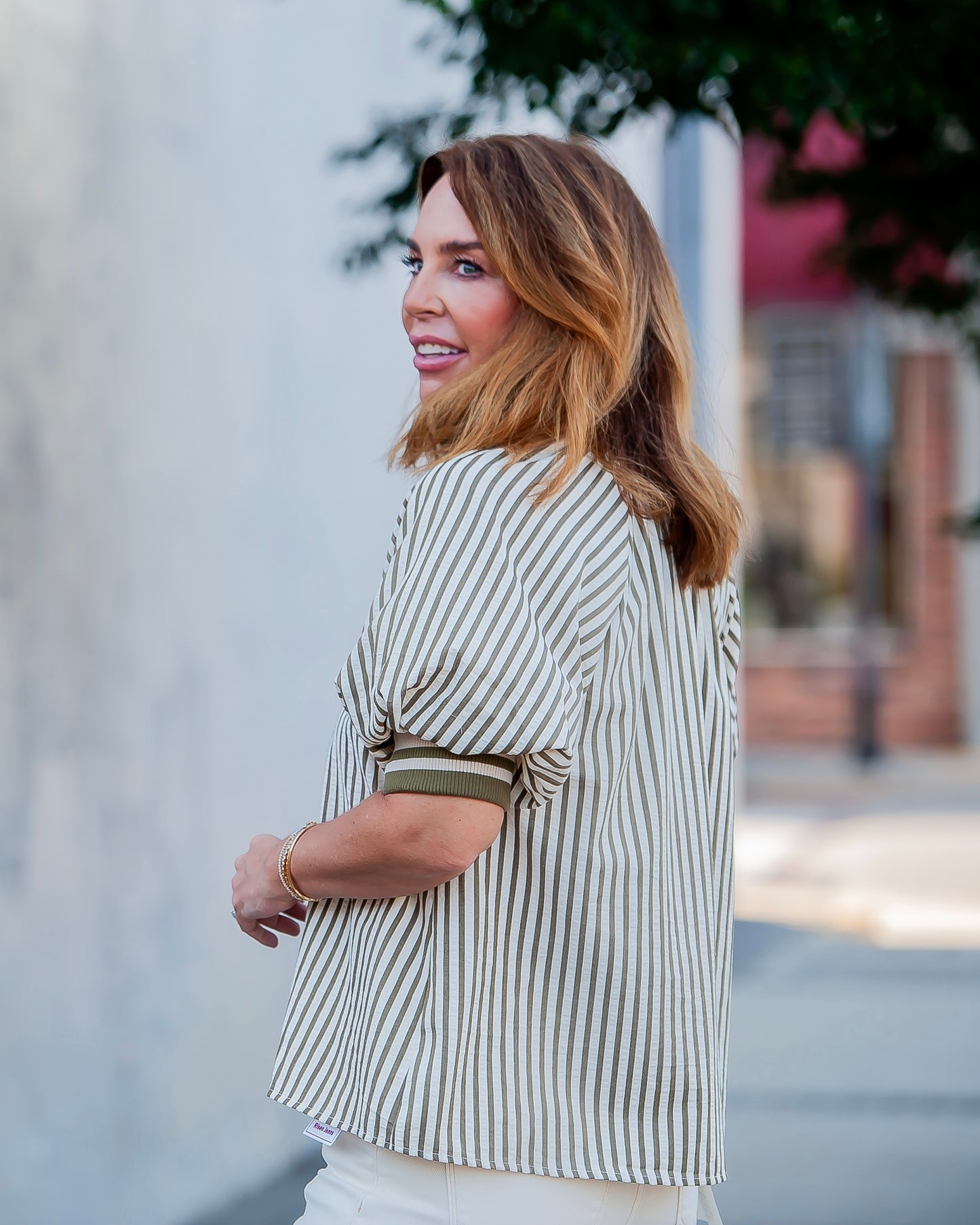 Mattie Stripe Zip-up Top- Olive