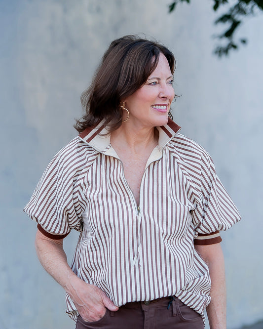 Mattie Stripe Zip-up Top- Caramel