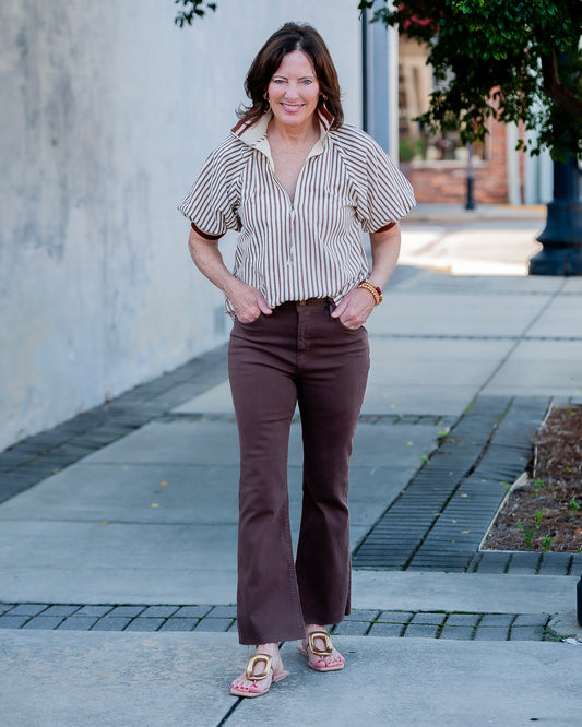 Mattie Stripe Zip-up Top- Caramel