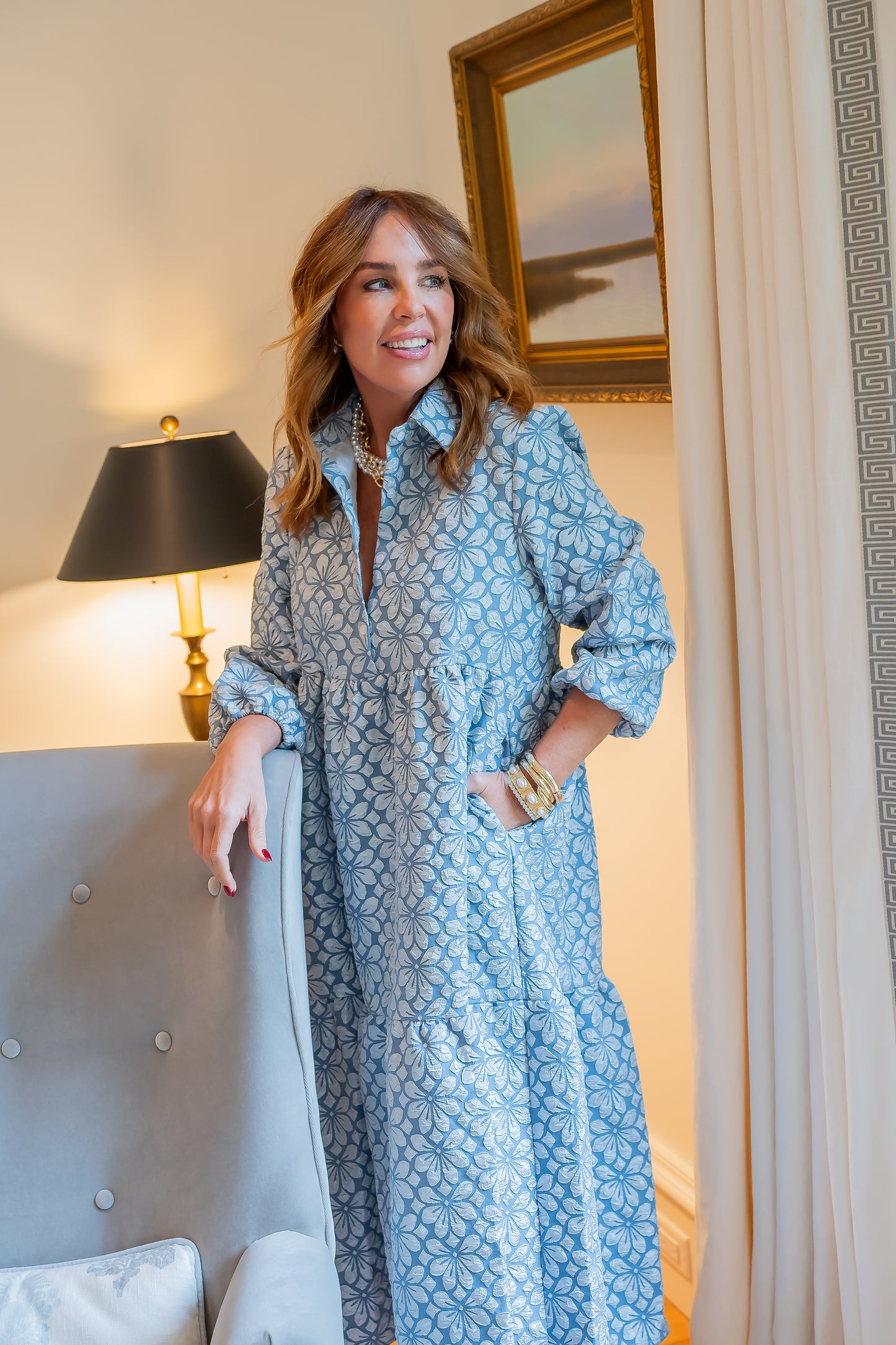 Cecily Floral Embossed Dress- Blue