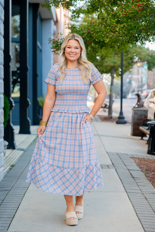 Celosia Gingham Elastic Waist Midi Skirt