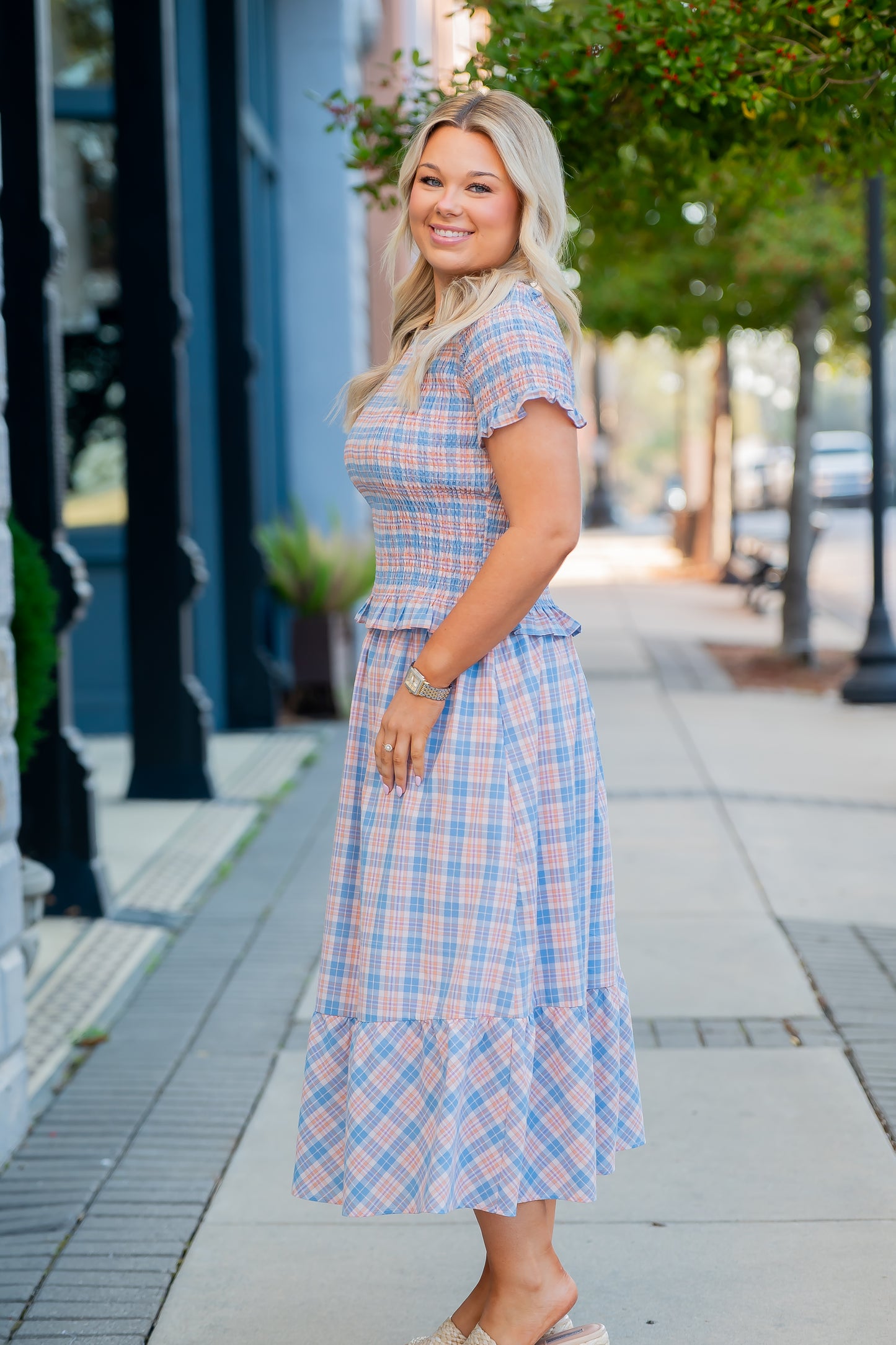 Celosia Gingham Elastic Waist Midi Skirt