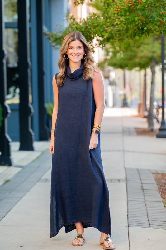 Cannes Cowl Neck Linen Dress - Navy