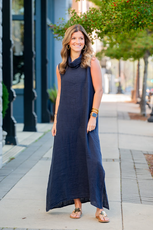 Cannes Cowl Neck Linen Dress - Navy