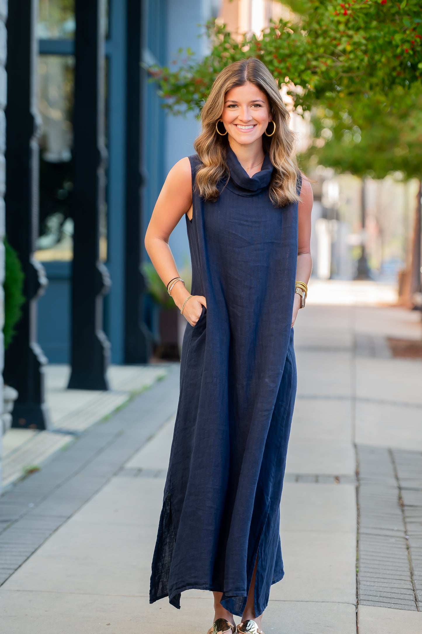 Cannes Cowl Neck Linen Dress - Navy