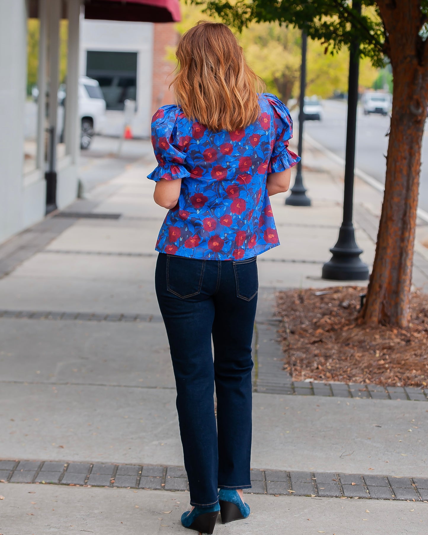 Fall Flowers Blue Floral Print Top