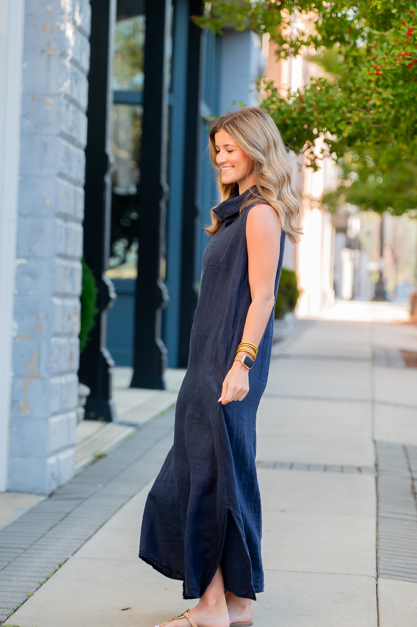 Cannes Cowl Neck Linen Dress - Navy