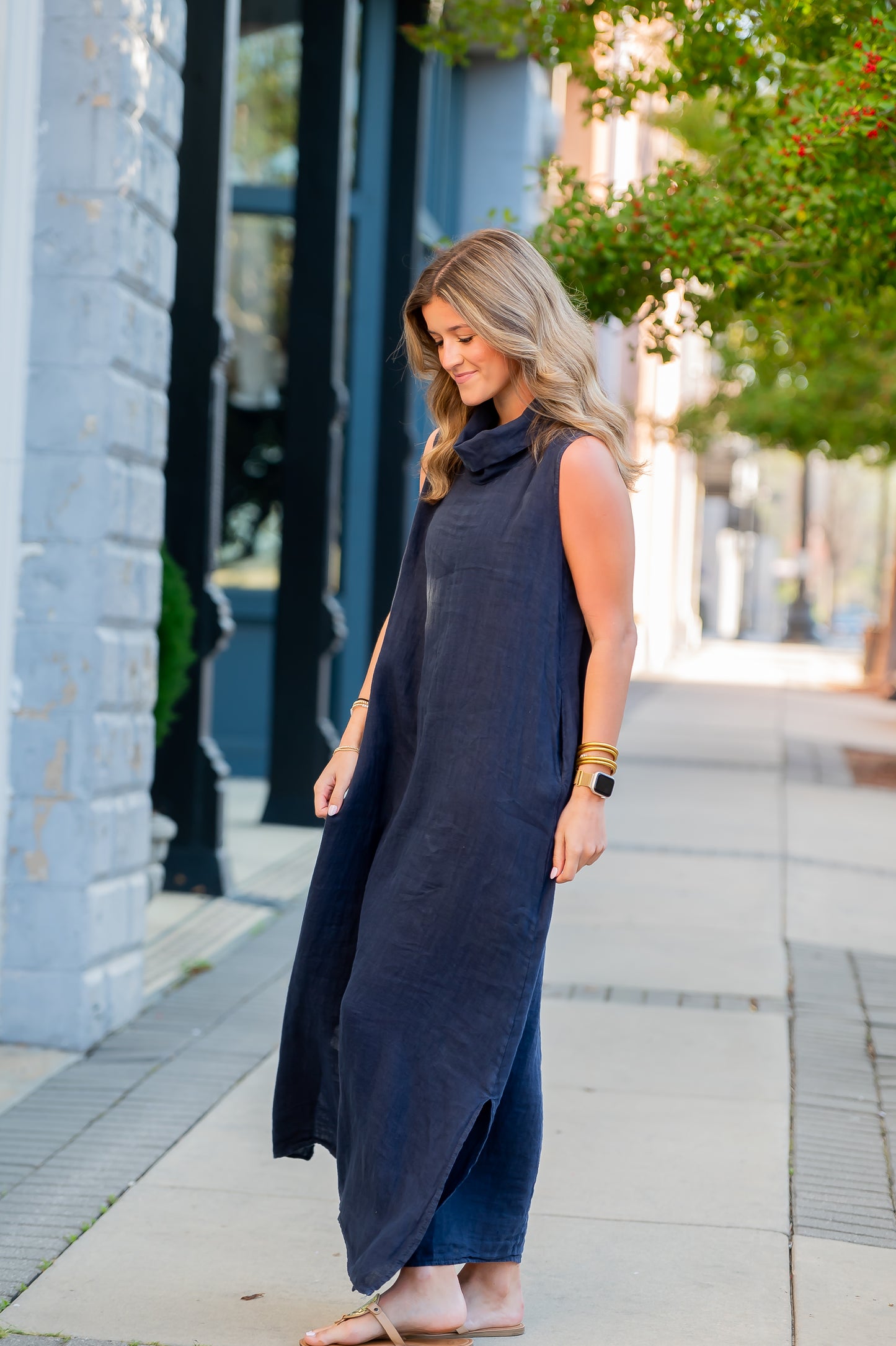 Cannes Cowl Neck Linen Dress - Navy