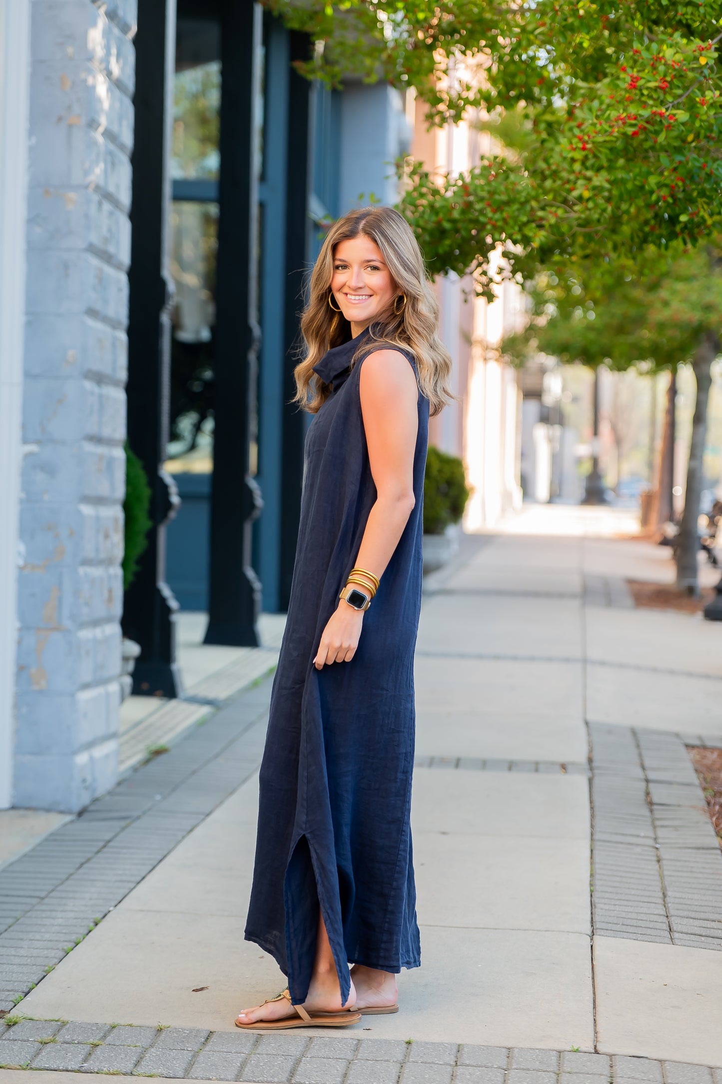 Cannes Cowl Neck Linen Dress - Navy