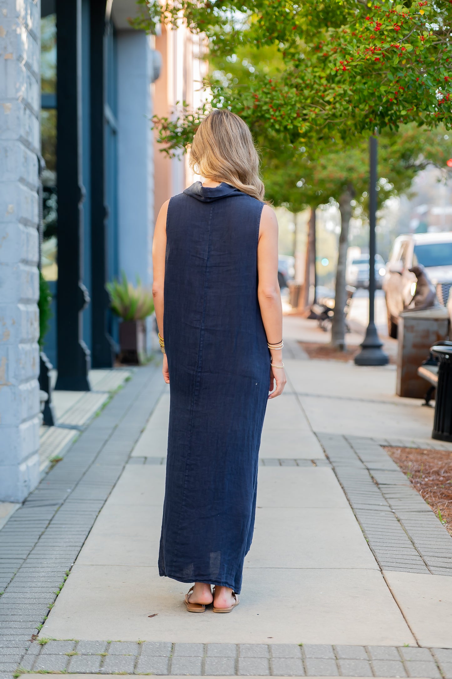 Cannes Cowl Neck Linen Dress - Navy