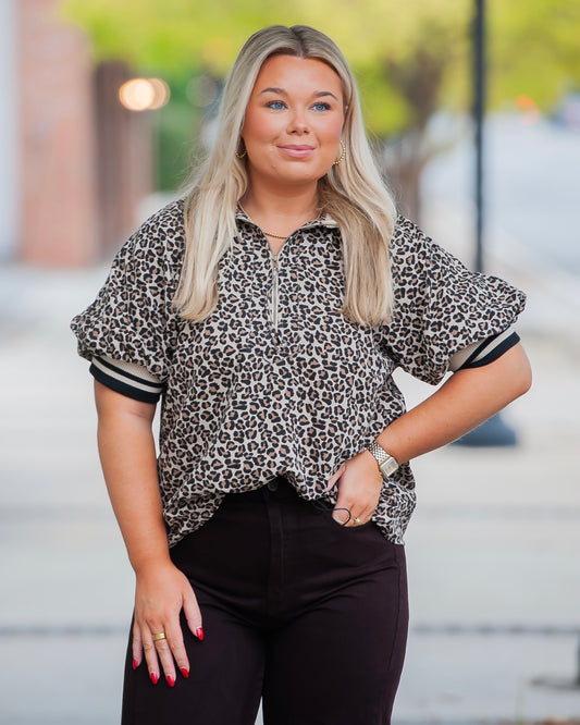 Lunette Leopard Puff Sleeve Top- Taupe