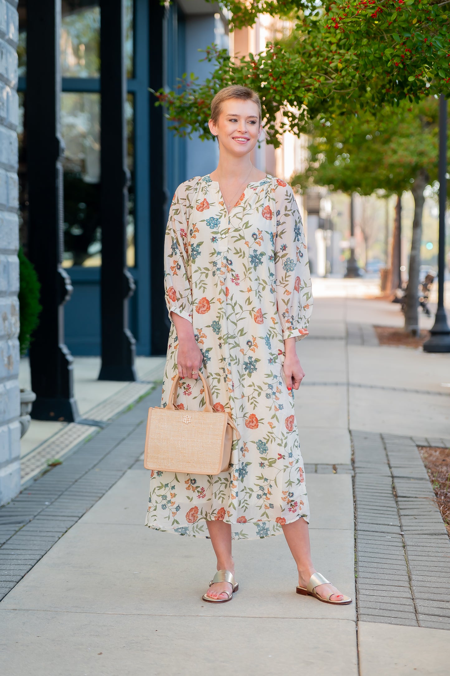 Zelda Floral Print Long Sleeve Midi Dress-Ecru