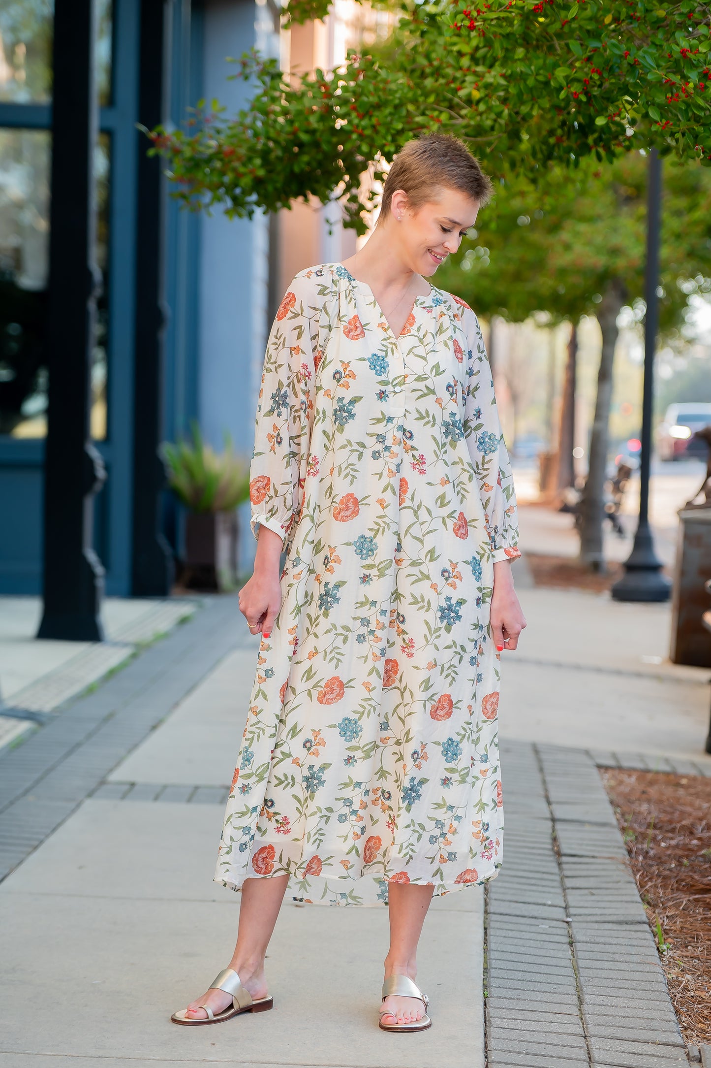 Zelda Floral Print Long Sleeve Midi Dress-Ecru