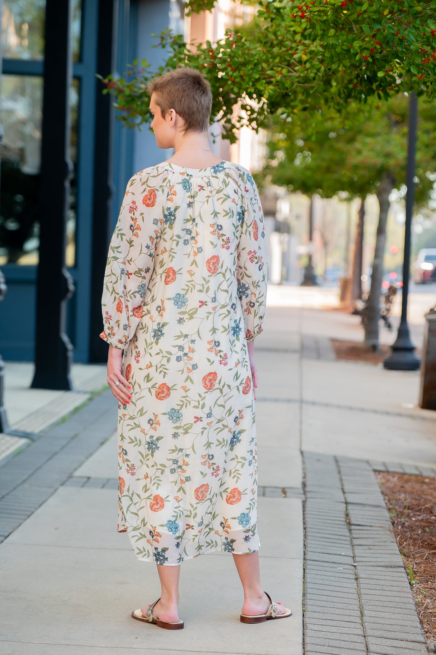 Zelda Floral Print Long Sleeve Midi Dress-Ecru