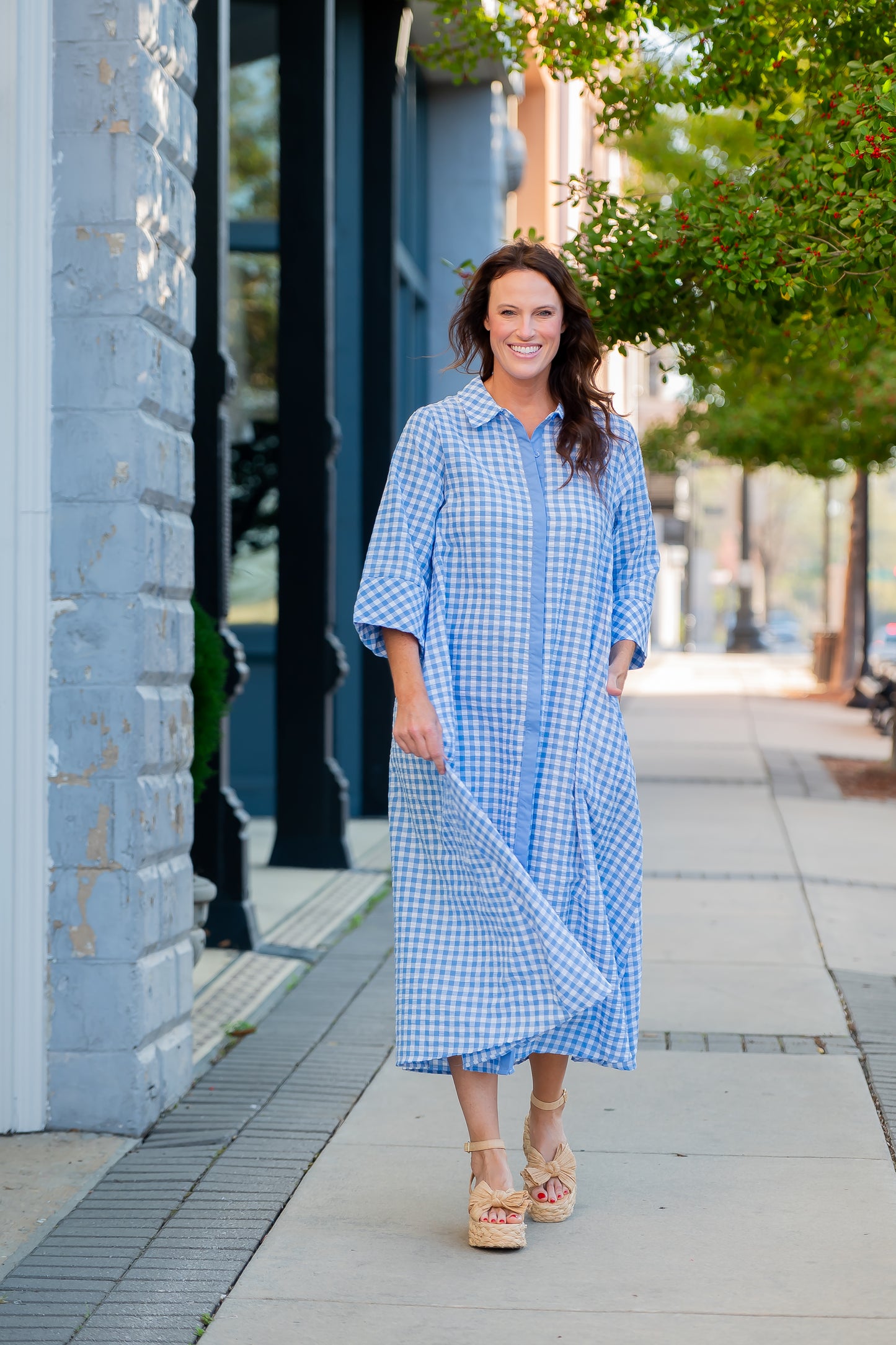 Arrow Gingham 3/4 Sleeve Midi Dress
