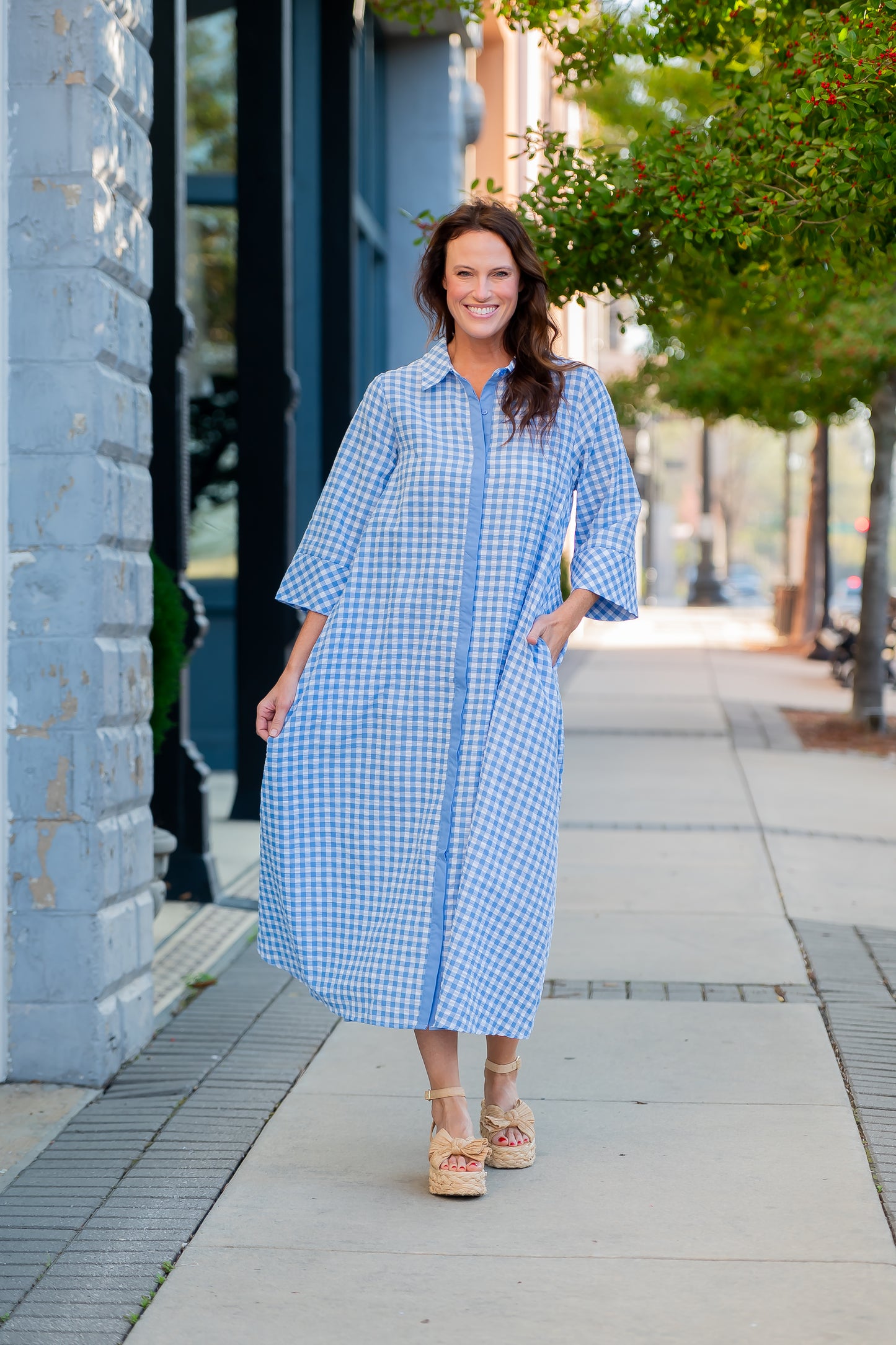 Arrow Gingham 3/4 Sleeve Midi Dress