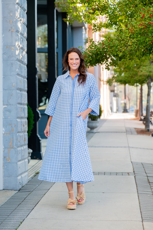 Arrow Gingham 3/4 Sleeve Midi Dress