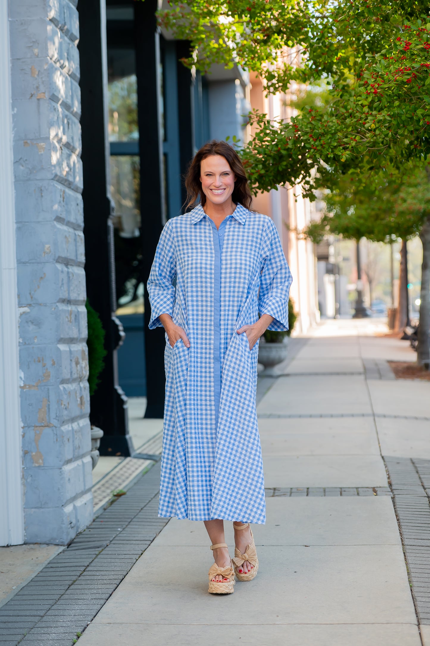 Arrow Gingham 3/4 Sleeve Midi Dress