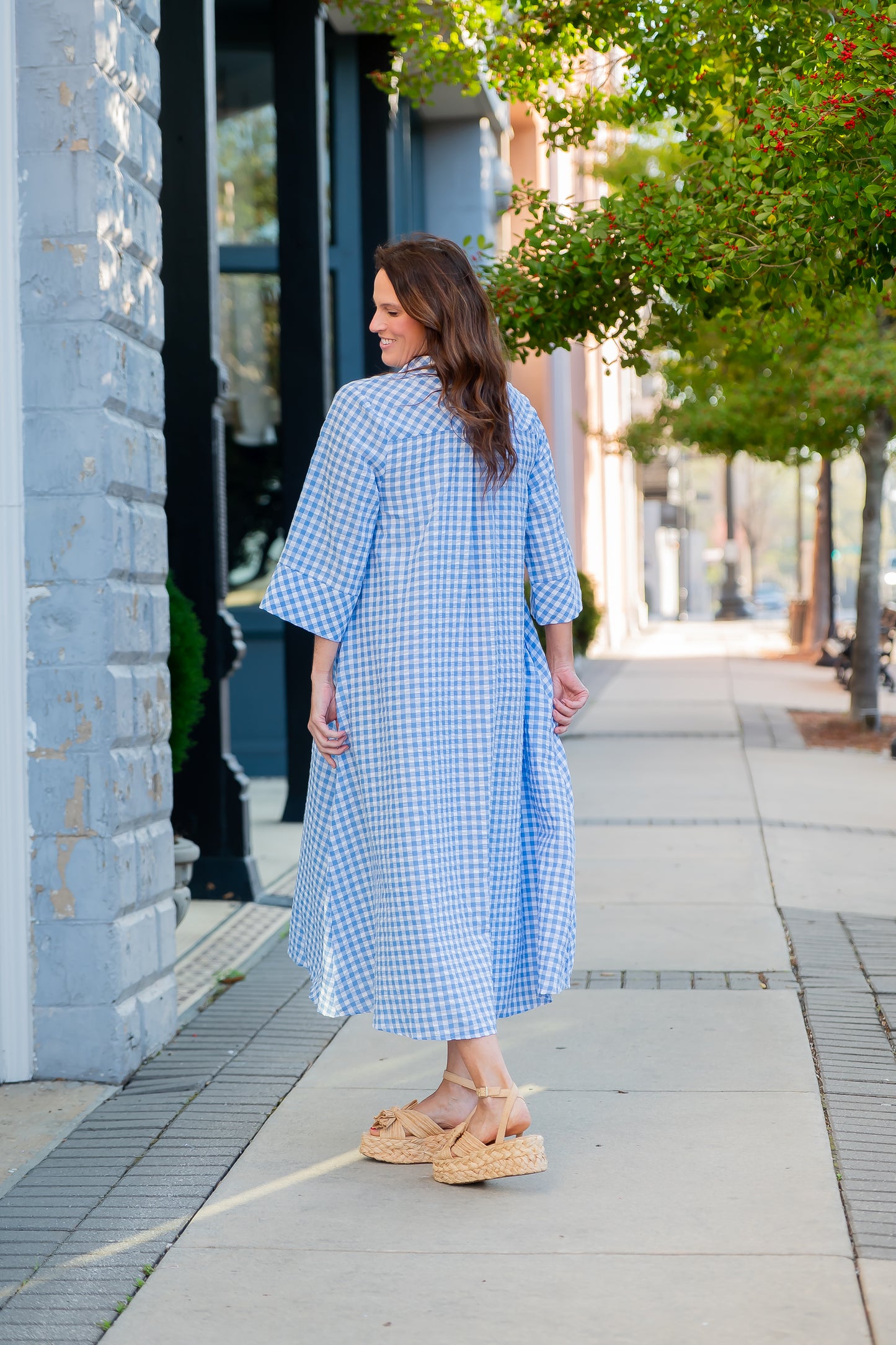Arrow Gingham 3/4 Sleeve Midi Dress