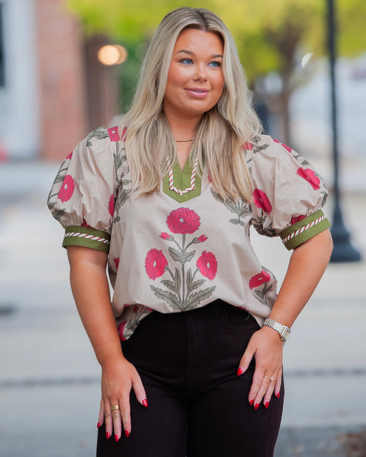 Northlake Floral Top with Collar- Tan