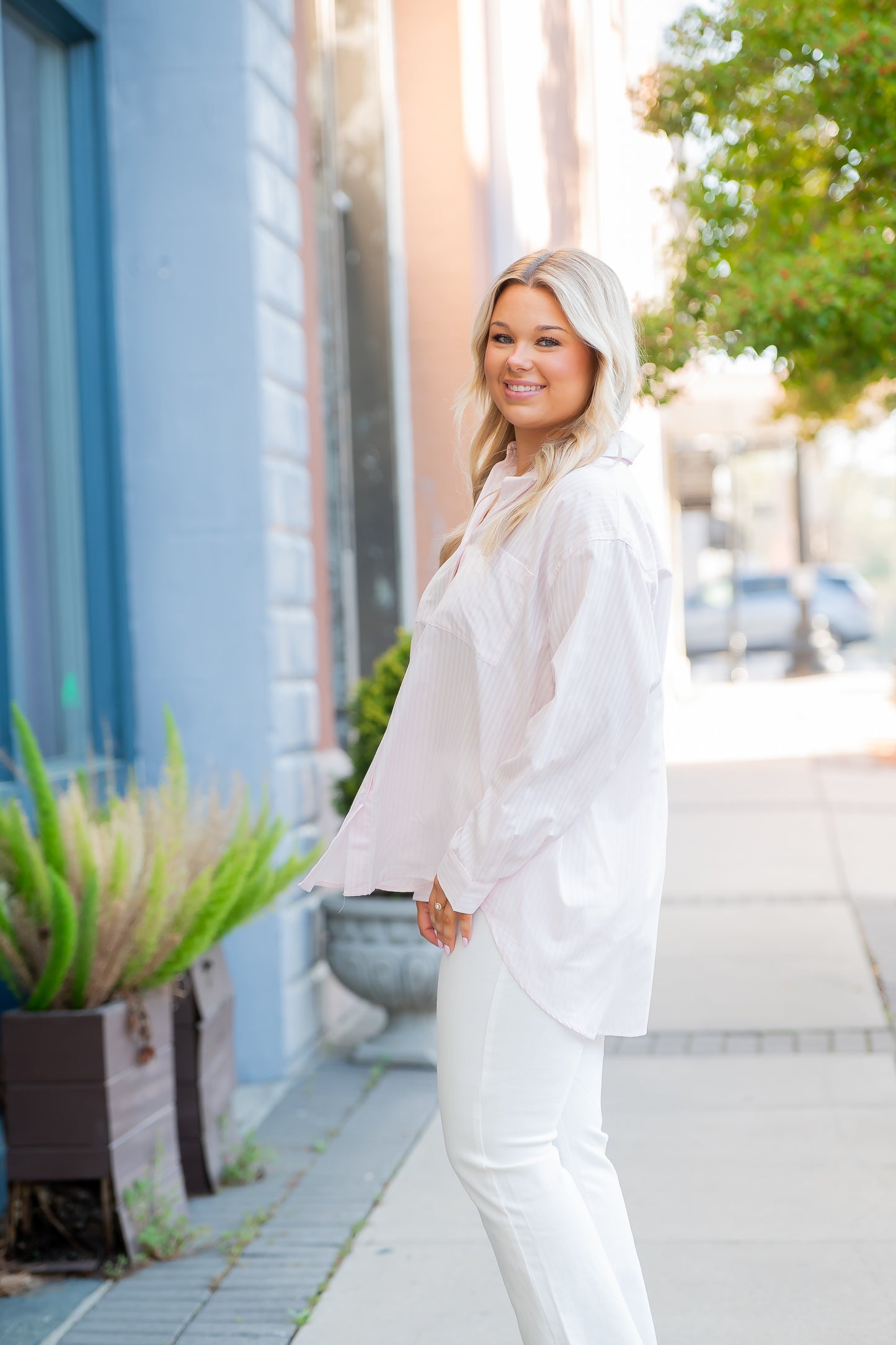 Sicily Relaxed Striped Button-Up Shirt-Pink