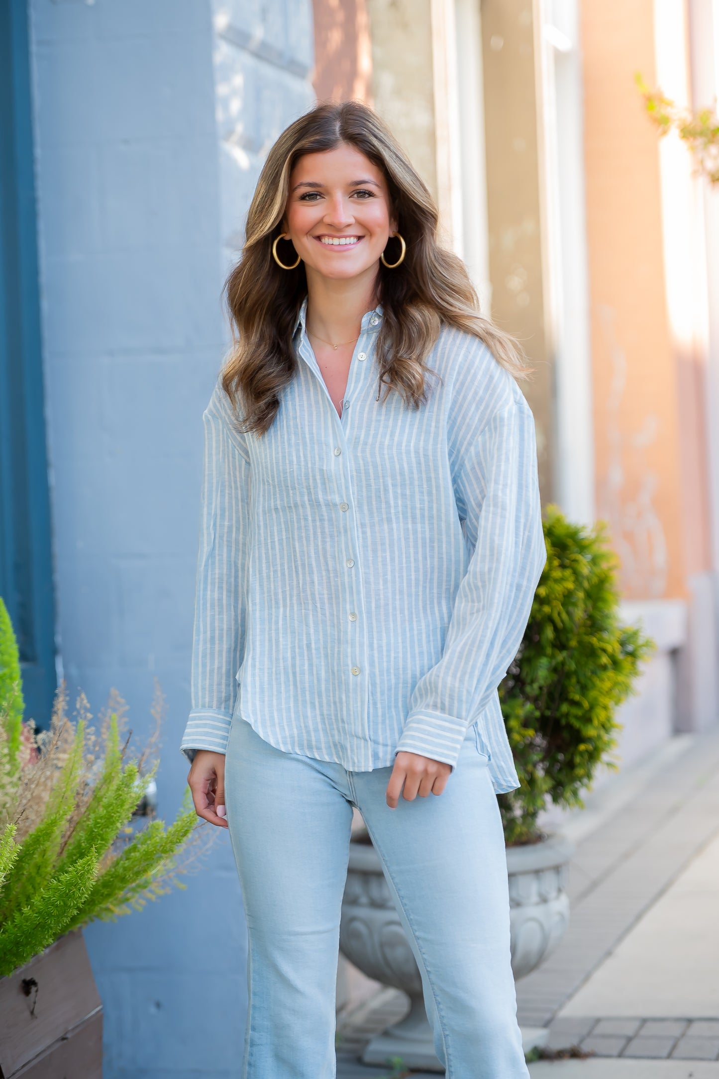 Canberra Striped Linen Essential Shirt-Blue