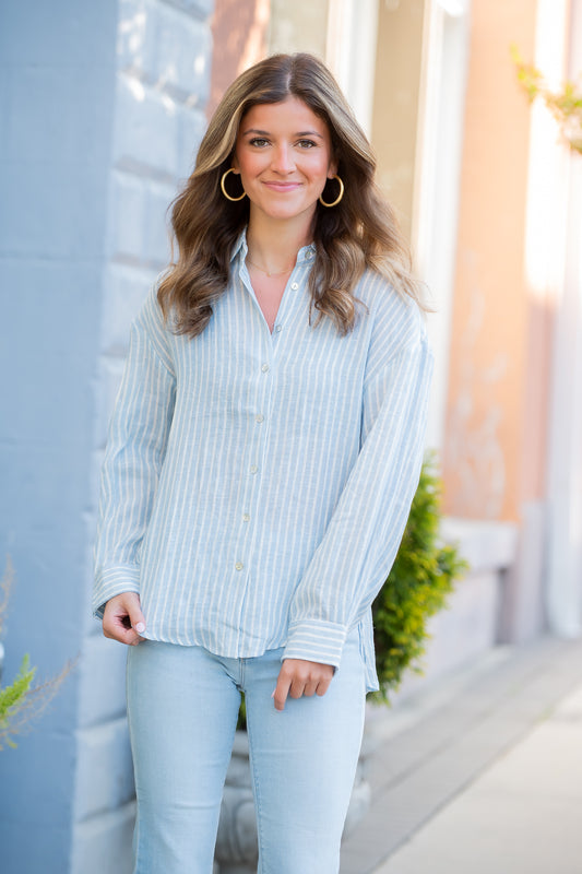 Canberra Striped Linen Essential Shirt-Blue