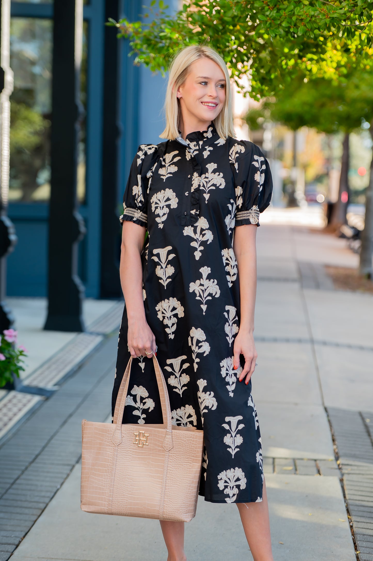 Macon Floral Print Dress- Black