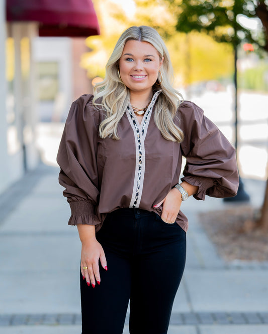 Libby Leopard Trimmed top- Brown