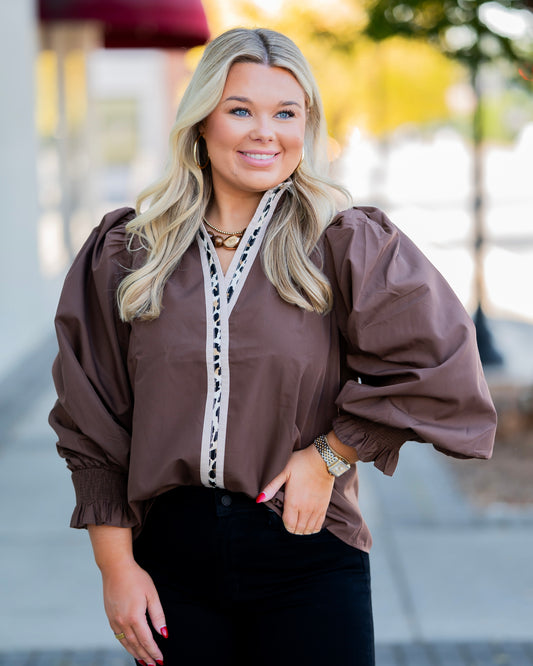 Libby Leopard Trimmed top- Brown