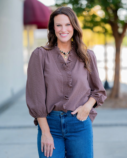 Channing Ruffle Trim Top- Brown