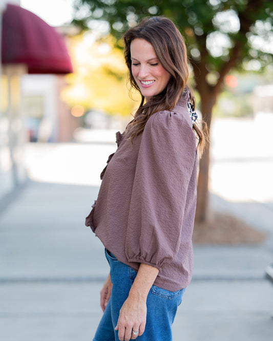 Channing Ruffle Trim Top- Brown