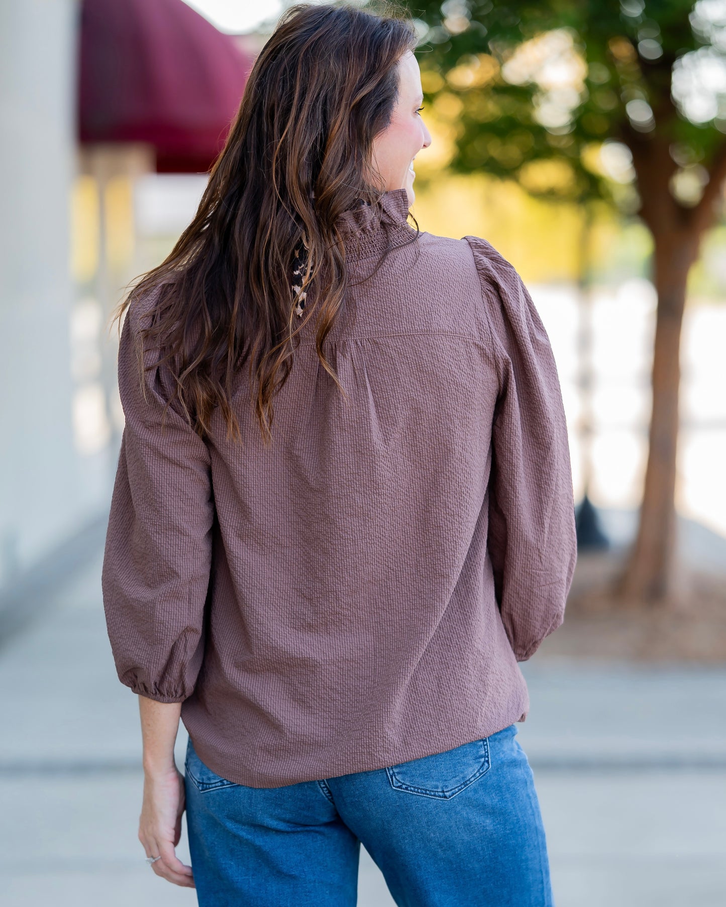 Channing Ruffle Trim Top- Brown