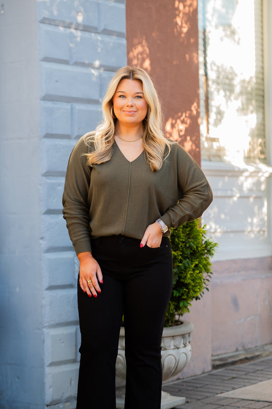 Lora V-Neck Sweater-Olive