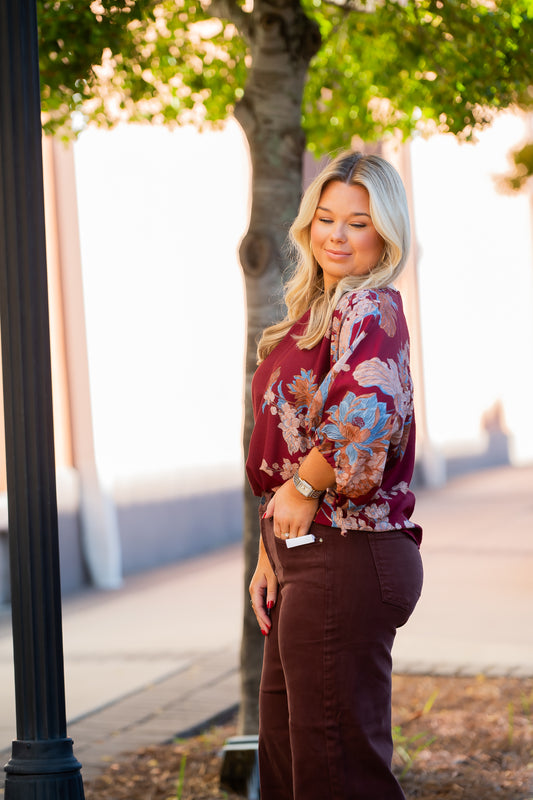 Wells 3/4 Sleeve Top-Burgundy
